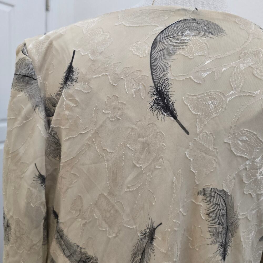 HUDA Feather Print Chiffon Maxi Dress 4 Modest Boho Tiered Beige Elegant Resort - Picture 6 of 12